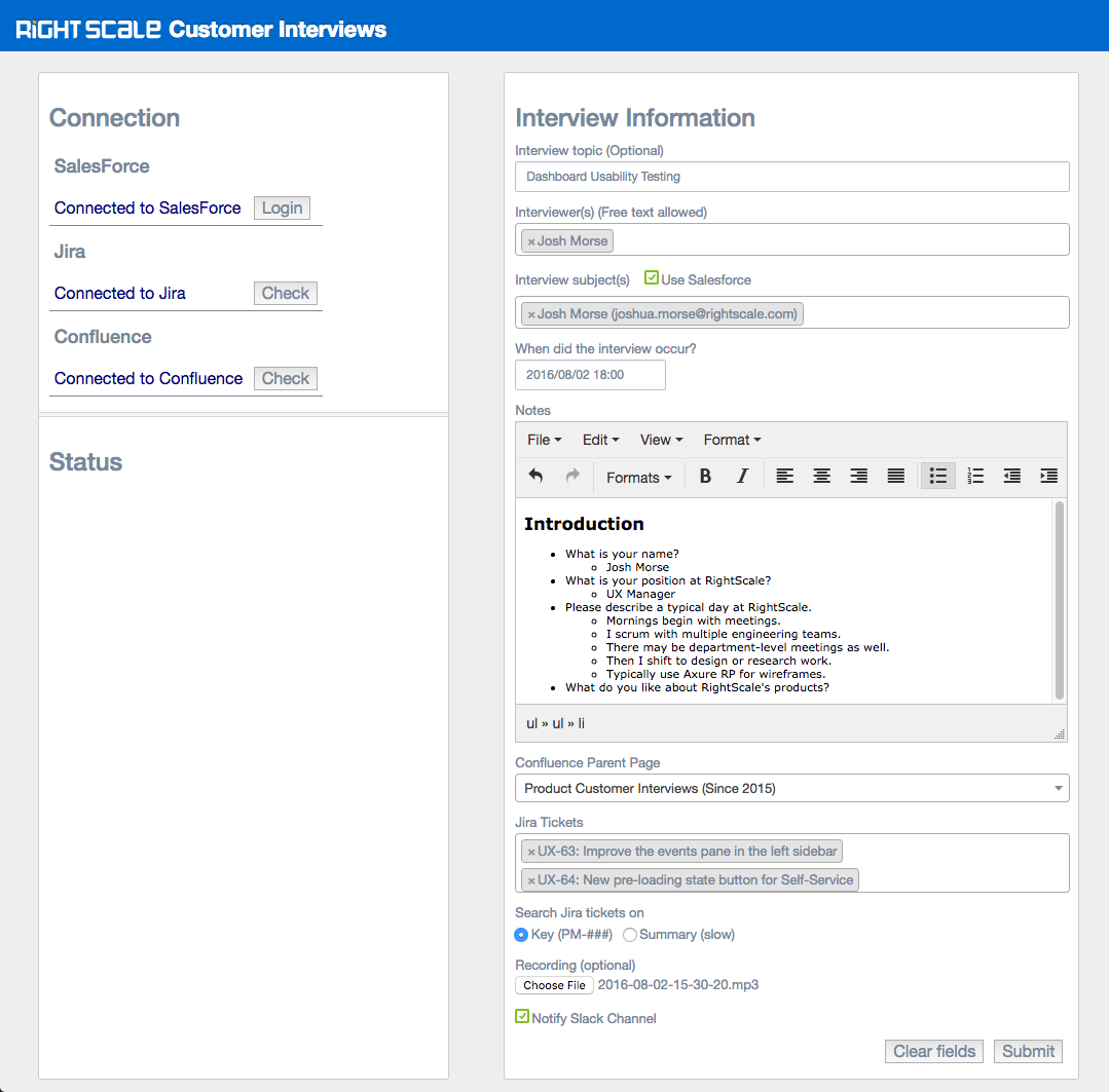 A web app I wrote myself which combined Jira, Confluence, and Salesforce APIs to easily update all 3 products with interview data. Greatly enhanced tracking and sharing of customer interviews across the company.